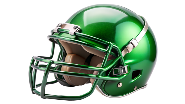 A green football helmet with a metallic sheen and face mask is isolated on transparent background, ready for game day