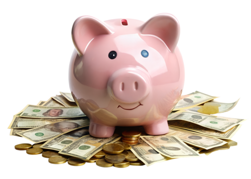 A pink piggy bank sits atop a pile of united states dollar bills and coins isolated on a white background
