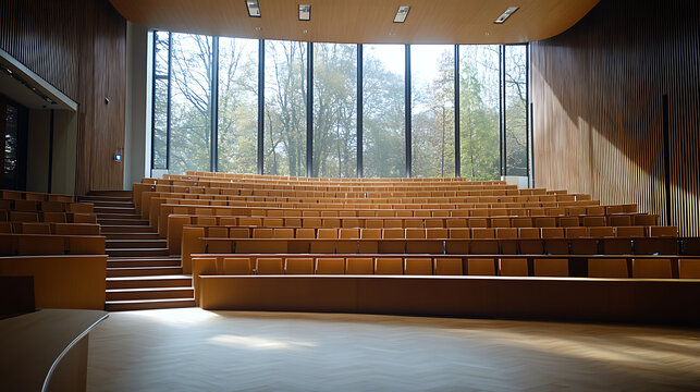 Modern auditorium interior with wooden seats large windows and natural light for presentations or lectures