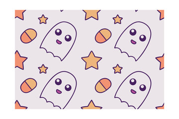 Cute cartoon ghost pattern with stars pills in orange purple on a light purple halloween