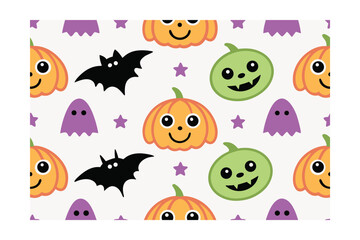 Halloween pattern with orange pumpkins green jack o lanterns bats purple ghosts vector