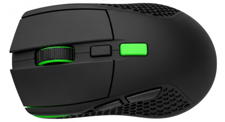 Close up of a black gaming mouse with green accents isolated on transparent background