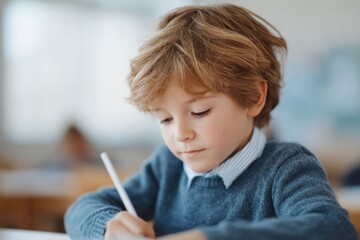 boy in school uniform placing flag in notebook on desk
