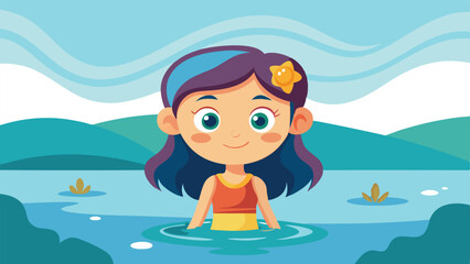 Cartoon Girl with Purple Hair Wearing Starfish in Lake with Mountains Background