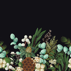 Vector Christmas border with greenery pods cotton and berries