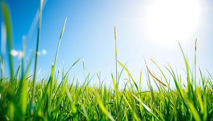 Fototapeta premium Lush Green Meadow Reaching for the Clear Blue Sky with Bright Sunlight Streaming Through the Blades of Grass
