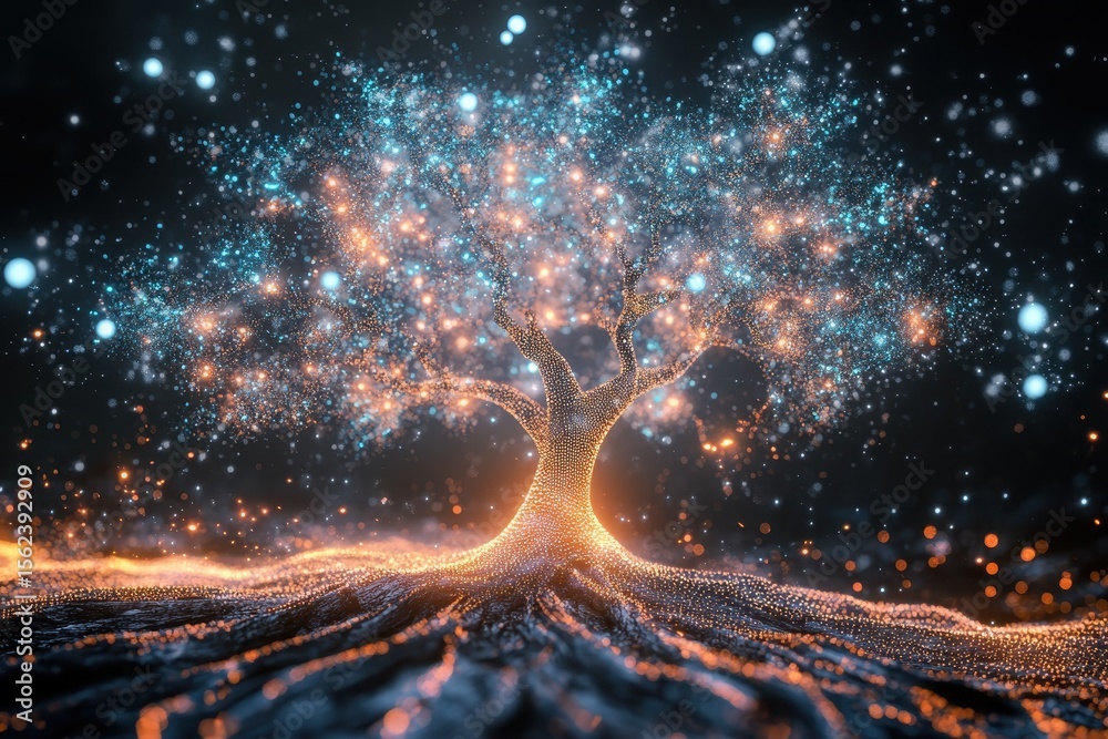 Fototapete Exploring connections as an illuminated tree emerges over vibrant moving shapes, tree of connections over shapes moving