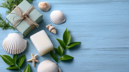 Cosmetic flat lay with seashells and gift boxes on a blue table. A perfect background for promoting cosmetic products and gift sets.