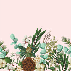 Vector Christmas border with greenery pods cotton and berries