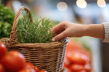 close-up of shopper placing fresh herbs into basket beside tomato row in supermarket under calm lighting