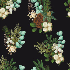 Vector Christmas seamless pattern with greenery pods cotton and berries
