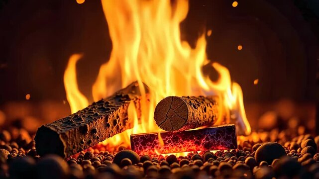 Burning wooden logs in the fireplace. Video for meditation with flames. The fire is blazing. High quality 4k footage