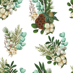 Vector Christmas seamless pattern with greenery pods cotton and berries