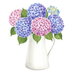 Pastel pink, purple, and blue hydrangeas arranged in a white pitcher against a transparent background. The image features lush, vibrant blooms, creating a soft and delicate aesthetic.
