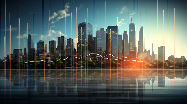 Modern cityscape with financial graph overlay illustrating business growth and economic trends reflected on water