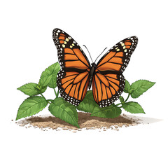 Orange monarch butterfly with black borders and white dots on its wings, perched on vibrant green leaves and brown soil, with transparent background. Detailed illustration of insect and foliage.