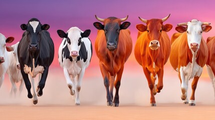 Herd of cows walking together under a colorful sky at dusk