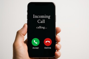 A hand holding a smartphone with an incoming call screen showcasing the dilemma of choosing between answering or declining the call