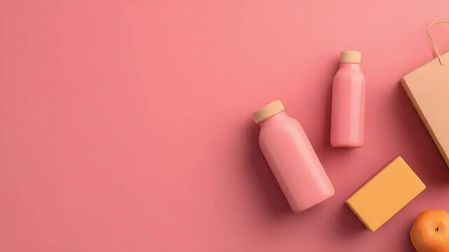 Two pink bottles, a brown paper bag, an orange rectangular object, and an orange fruit are arranged on a pink surface.