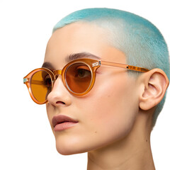 Young woman with short blue hair wearing round sunglasses. She has a fair complexion and a neutral expression. The background is black, emphasizing her features.