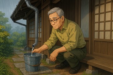 雨どいの下で雨水を集める男性
Japanese Man Using Rainwater