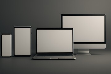 Collection of modern digital devices with blank screens arranged on a gray surface featuring smartphone tablet laptop and desktop computer background image
