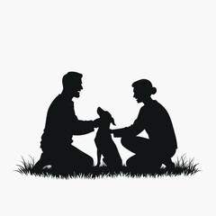 Couple interacting with dog while kneeling on grass outdoors  