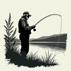 Elderly man fishing by the lake with a fishing rod and ferns  