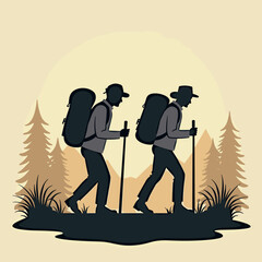 Two hikers walking with backpacks through forest landscape  