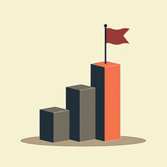 Stylized bar chart with red flag on top of tallest column  