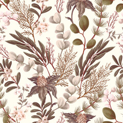 Vector Christmas seamless pattern with greenery pods cotton and berries