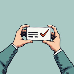 Hands holding business card with check mark on blue background  