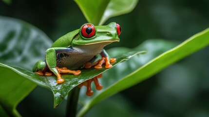 Naklejka premium Red-eyed tree frog on leaf (1)