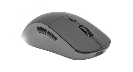 Close up view of a gray wireless computer mouse isolated on transparent background