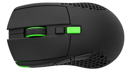 Close up of a black gaming mouse with green accents isolated on transparent background