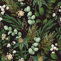 Vector Christmas seamless pattern with greenery pods cotton and berries