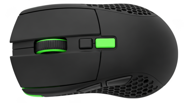 Close up of a black gaming mouse with green accents isolated on transparent background