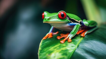 Naklejka premium Vibrant red-eyed tree frog on a leaf