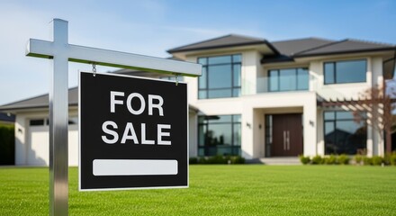 A "for sale" sign in front of a beautiful modern house