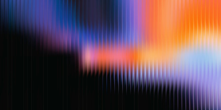 Glass ripple texture with dark gradient background and vivid orange, blue, and lilac light streaks. Futuristic distortion, moody abstract glow, reeded vertical blur. Vector illustration