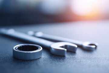 flat-lay of oil change tools filter wrench oil pan and shop rags on service lid