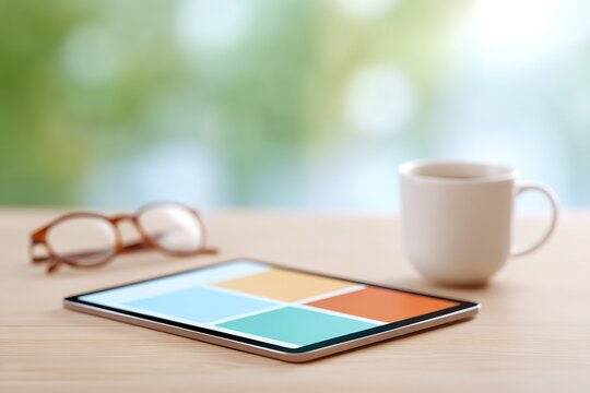 flat-lay of tablet showing basic coding game for seniors surrounded by coffee mug and reading glasses