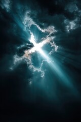 Radiant cross-shaped light burst through dramatic storm clouds, symbolizing divine power, hope, and spiritual presence