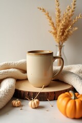 Cozy Autumn Still Life with Beige Coffee Cup, Rustic Wooden Tray, Cream Blanket, and Dried Wheat on Neutral Background