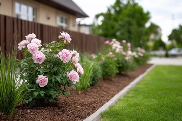 Beautiful pink roses in bloom along a manicured garden path.