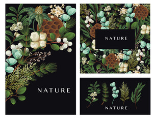 Vector Christmas botanical cards with cotton leaves berries and greenery