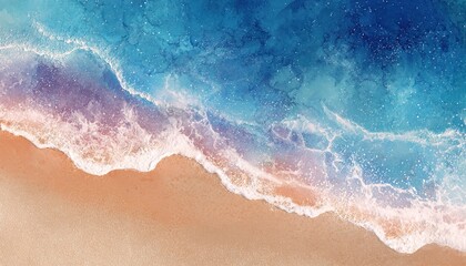 Summer background watercolor sea wave and sand Beach. Top bird eye view generative ai. High quality