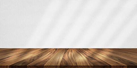 Dark wooden tabletop and worktop with clean white background, perfect for minimalist product mockups.