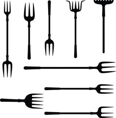 Gardening forks and rakes vector silhouettes, a versatile collection of essential agricultural and farming tools. Ideal for designs related to horticulture, planting, and garden maintenance.
