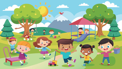 Cheerful Cartoon Children Playing Outdoors in a Park with Trees and Mountains